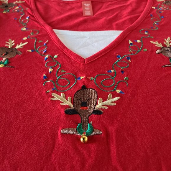 HOLIDAY EDITION?? RED -EMBROIDED/APPLIQUE REINDEER-CHRISTMAS LIGHTS SZ1X/XG(16) - Picture 3 of 9